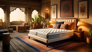 A serene bedroom in India with a comfortable, stylish mattress as the centerpiece, surrounded by warm-toned decor, patterned cushions, a colorful bedspread, wooden furniture, a traditional Indian rug, indoor plants, and a window with sheer curtains.